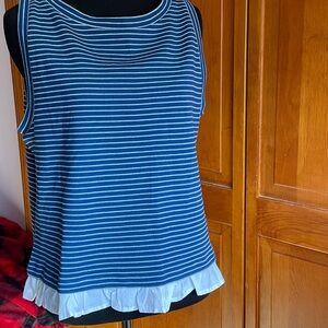 LOFT Navy Striped Tank Top with Ruffle Hem
